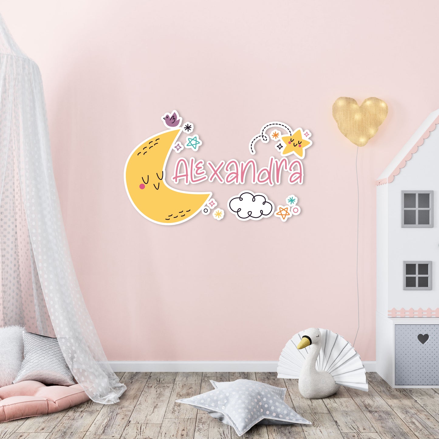 Custom Wall Decals - Custom Name Celestial Symphony Wall Decal: Luna, Clouds, Stars, and Birds