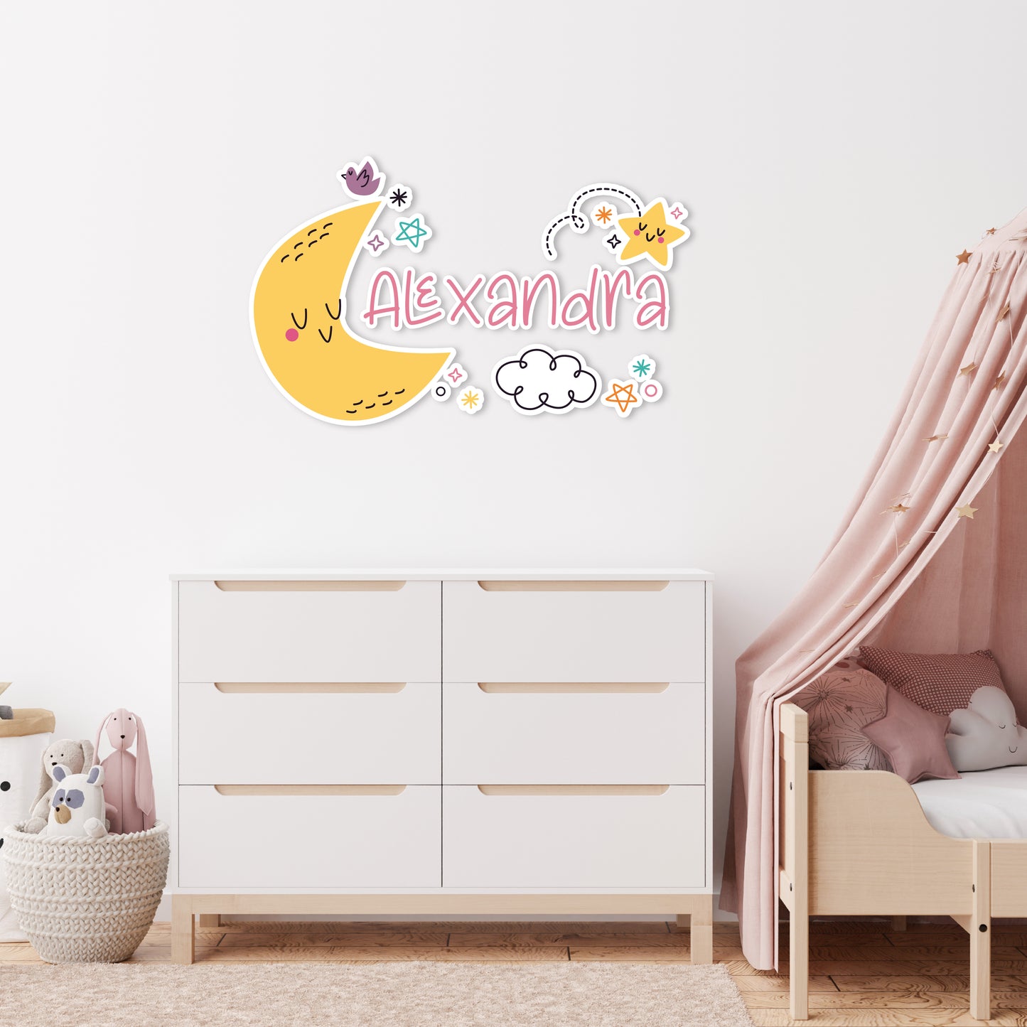 Custom Wall Decals - Custom Name Celestial Symphony Wall Decal: Luna, Clouds, Stars, and Birds