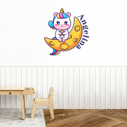 Custom Wall Decals - Custom Name Starry Unicorn Embrace Wall Decal: Seated on a Crescent Moon