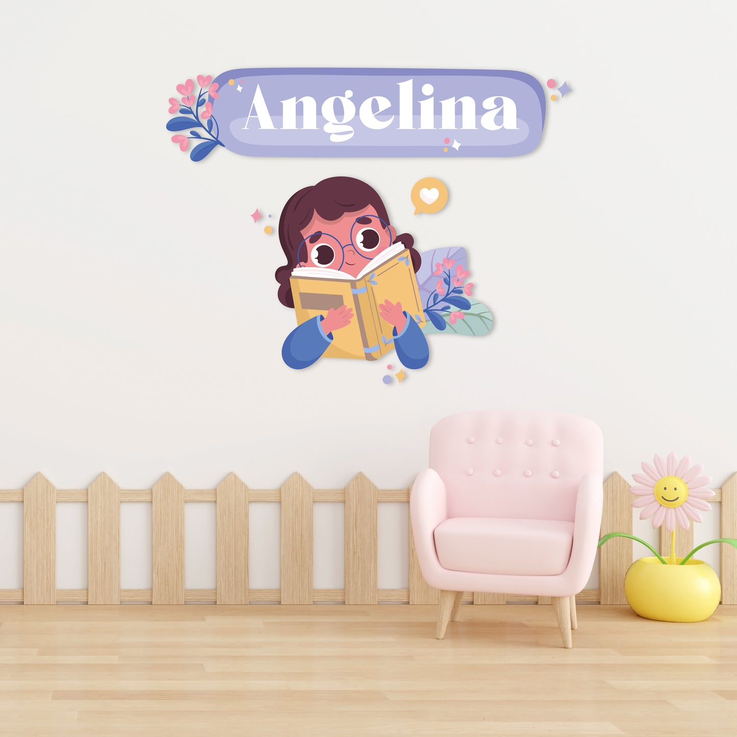 Custom Wall Decals - Custom Name Bookworm Bliss Wall Decal: Girl Reading with Plant Backdrop