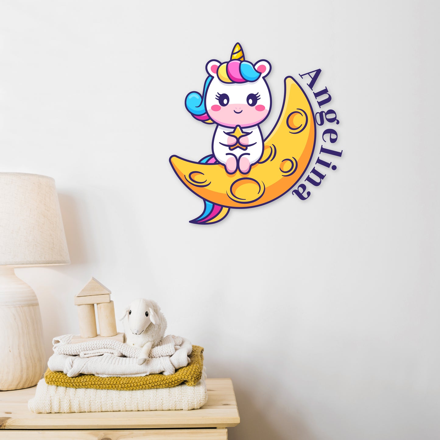 Custom Wall Decals - Custom Name Starry Unicorn Embrace Wall Decal: Seated on a Crescent Moon