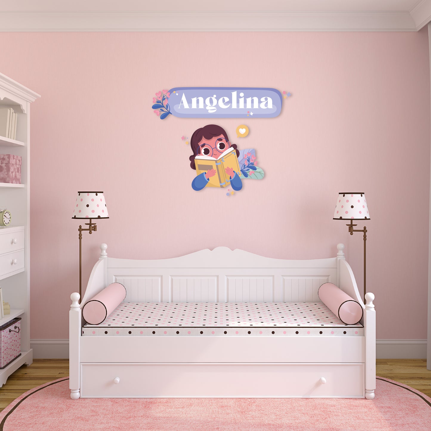 Custom Wall Decals - Custom Name Bookworm Bliss Wall Decal: Girl Reading with Plant Backdrop