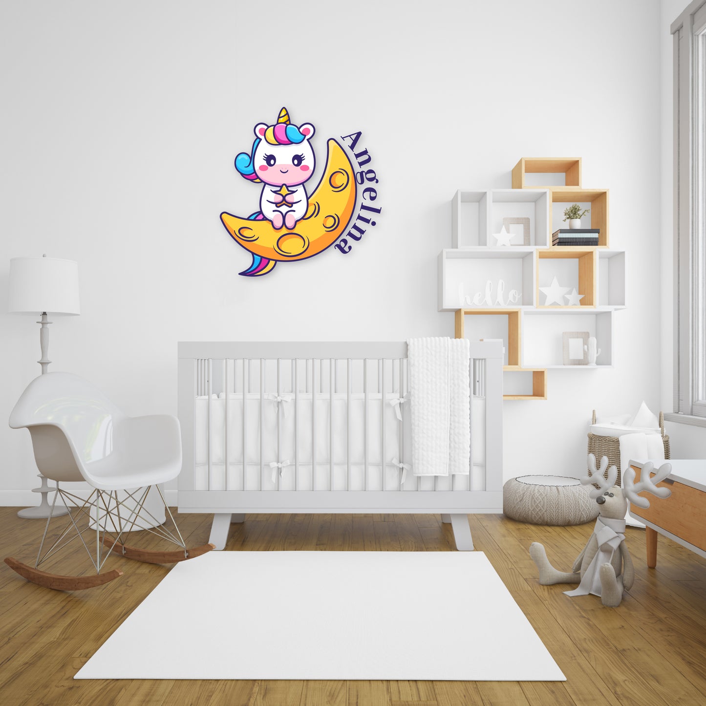 Custom Wall Decals - Custom Name Starry Unicorn Embrace Wall Decal: Seated on a Crescent Moon