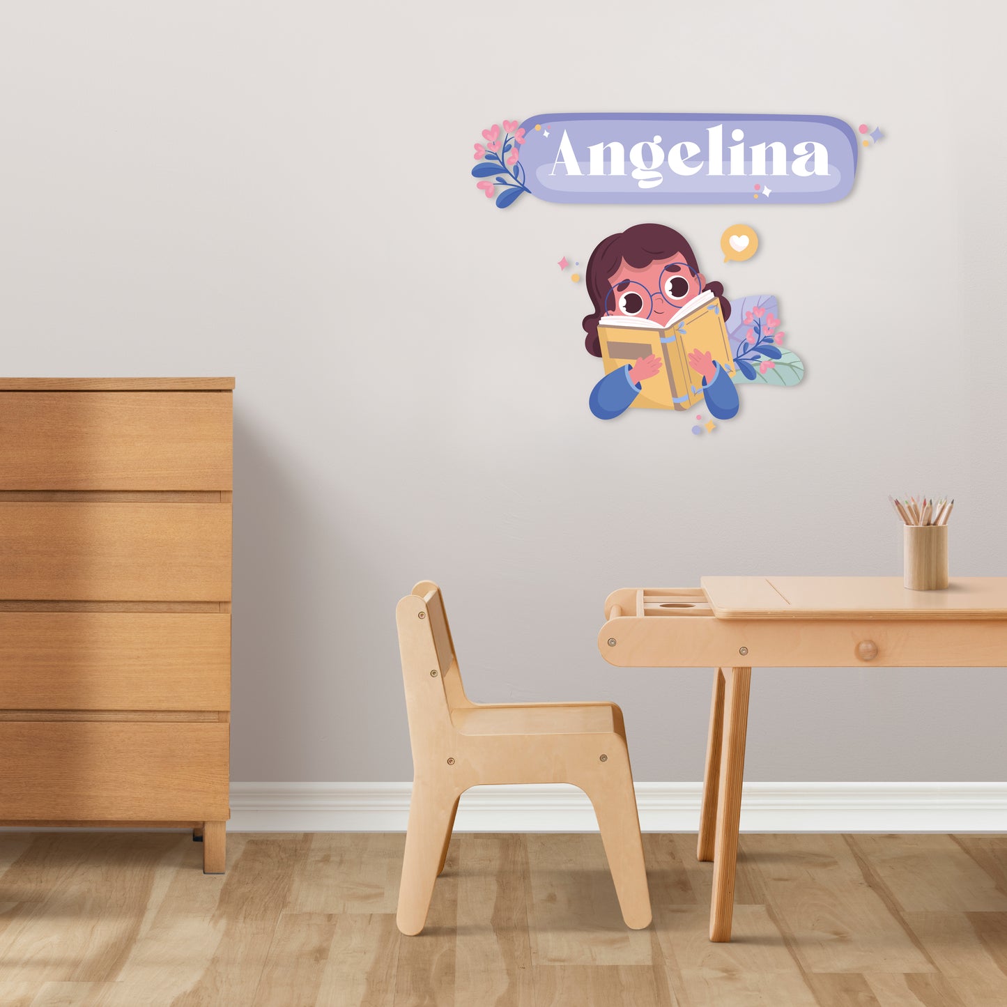 Custom Wall Decals - Custom Name Bookworm Bliss Wall Decal: Girl Reading with Plant Backdrop