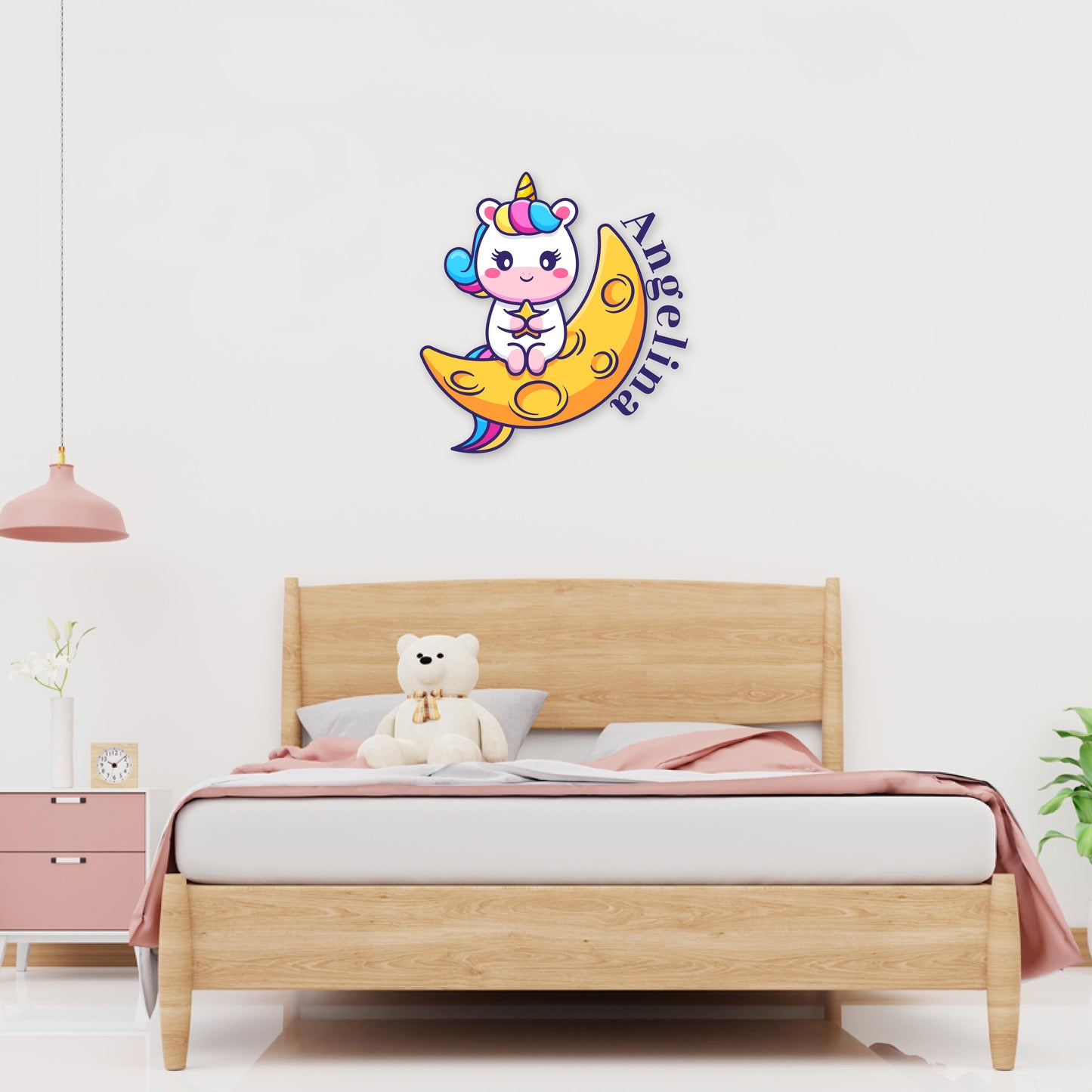 Custom Wall Decals - Custom Name Starry Unicorn Embrace Wall Decal: Seated on a Crescent Moon