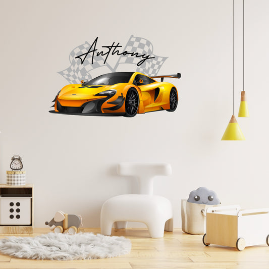 Custom Wall Decals - Custom Name Sports Car Racing Wall Decal: Racing Flag