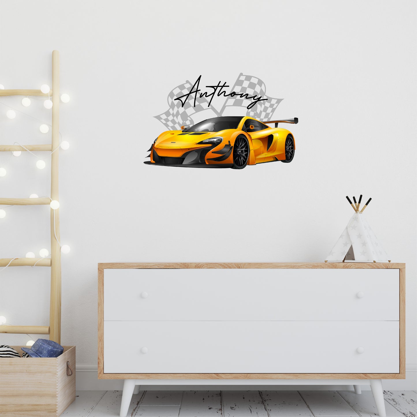 Custom Wall Decals - Custom Name Sports Car Racing Wall Decal: Racing Flag