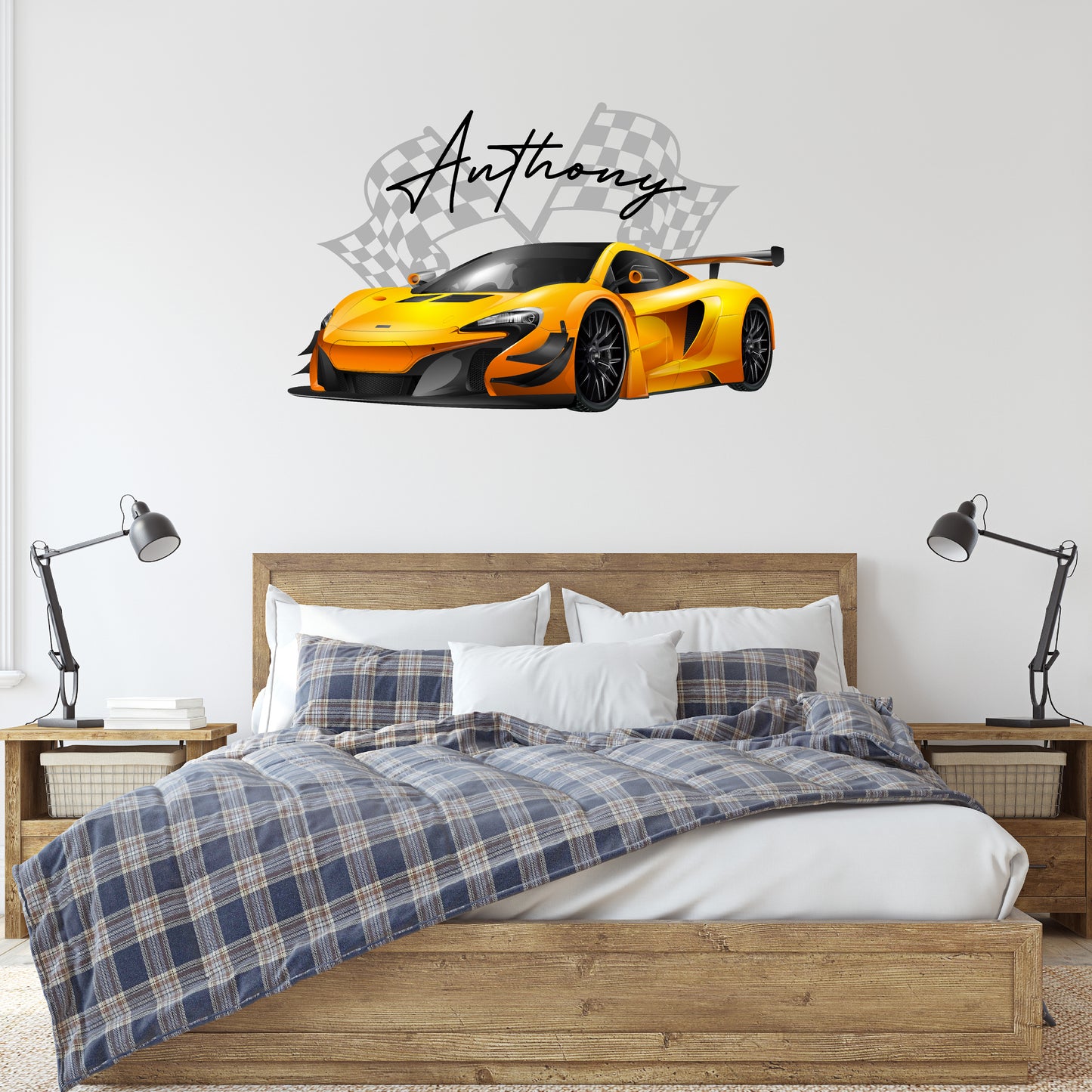 Custom Wall Decals - Custom Name Sports Car Racing Wall Decal: Racing Flag