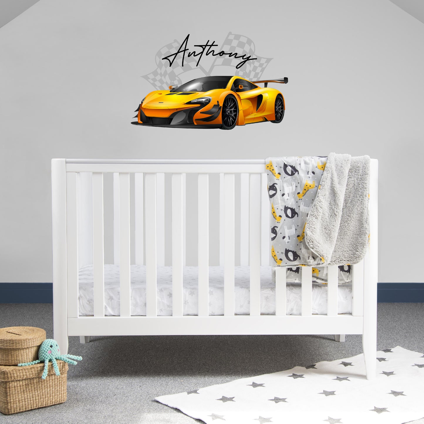 Custom Wall Decals - Custom Name Sports Car Racing Wall Decal: Racing Flag