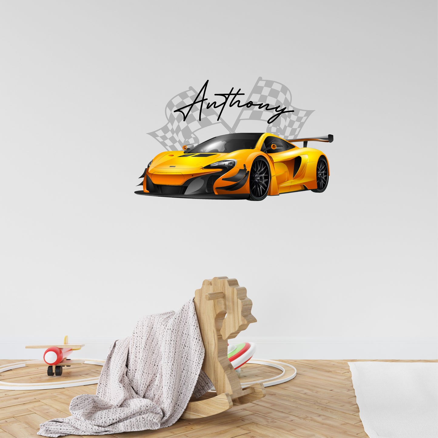 Custom Wall Decals - Custom Name Sports Car Racing Wall Decal: Racing Flag