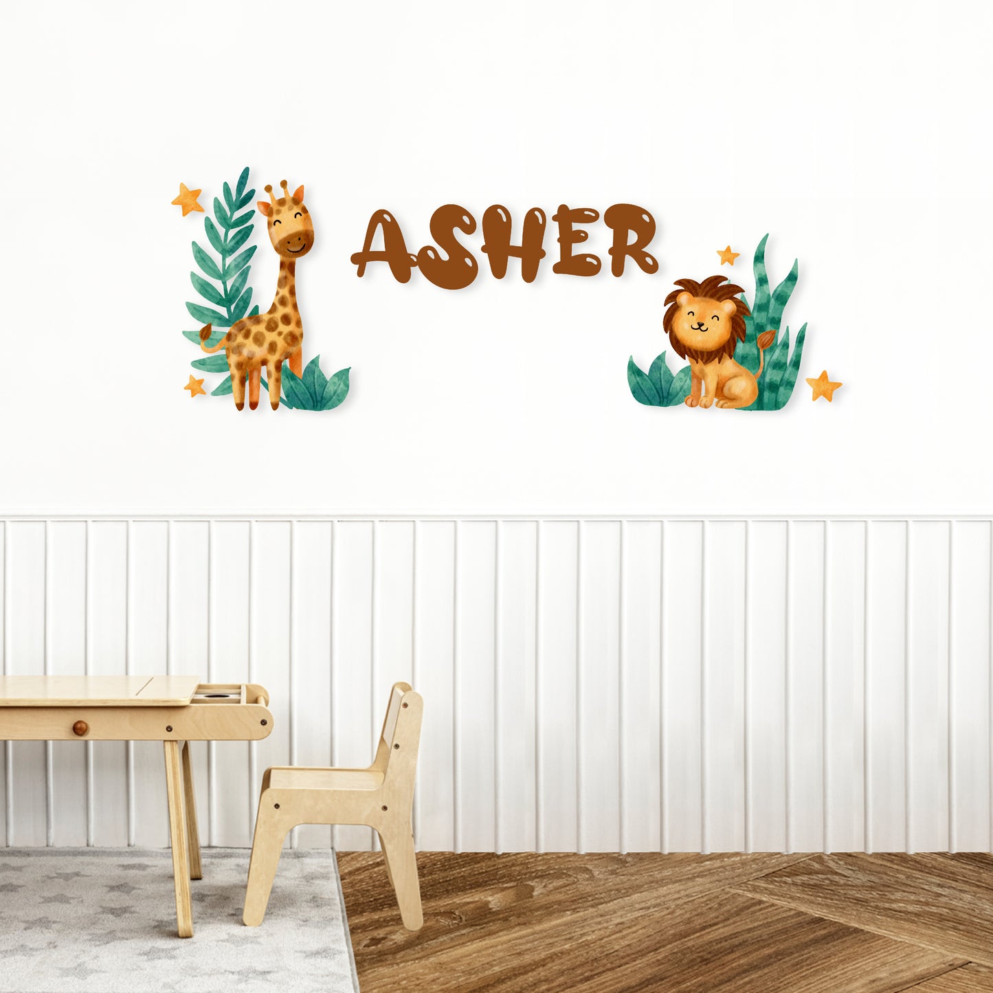 Custom Wall Decals - Custom Name Safari Adventure Wall Decal: Giraffe, Lion, Plants, and Stars