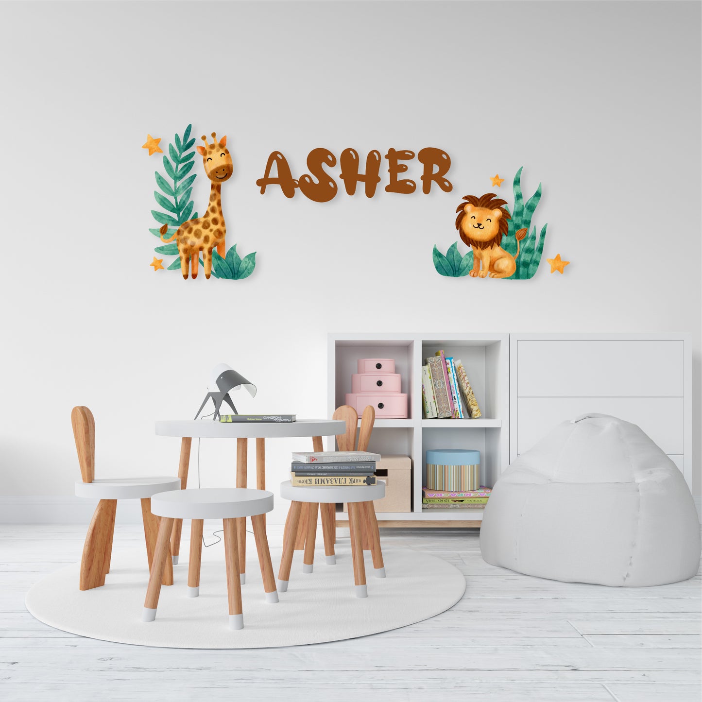 Custom Wall Decals - Custom Name Safari Adventure Wall Decal: Giraffe, Lion, Plants, and Stars