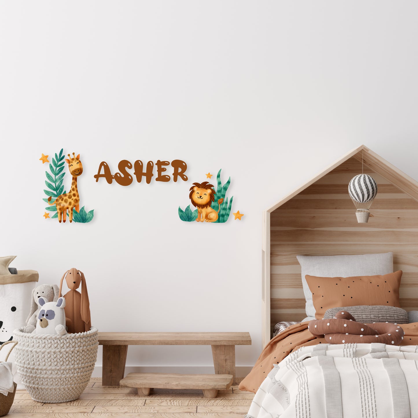 Custom Wall Decals - Custom Name Safari Adventure Wall Decal: Giraffe, Lion, Plants, and Stars