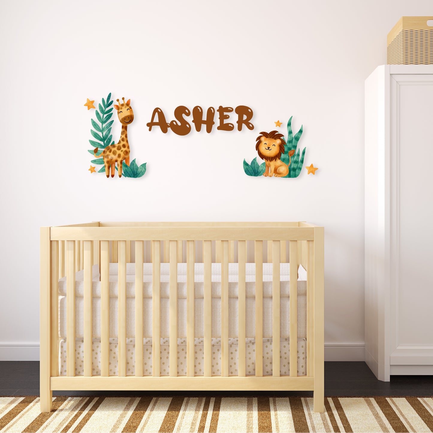 Custom Wall Decals - Custom Name Safari Adventure Wall Decal: Giraffe, Lion, Plants, and Stars