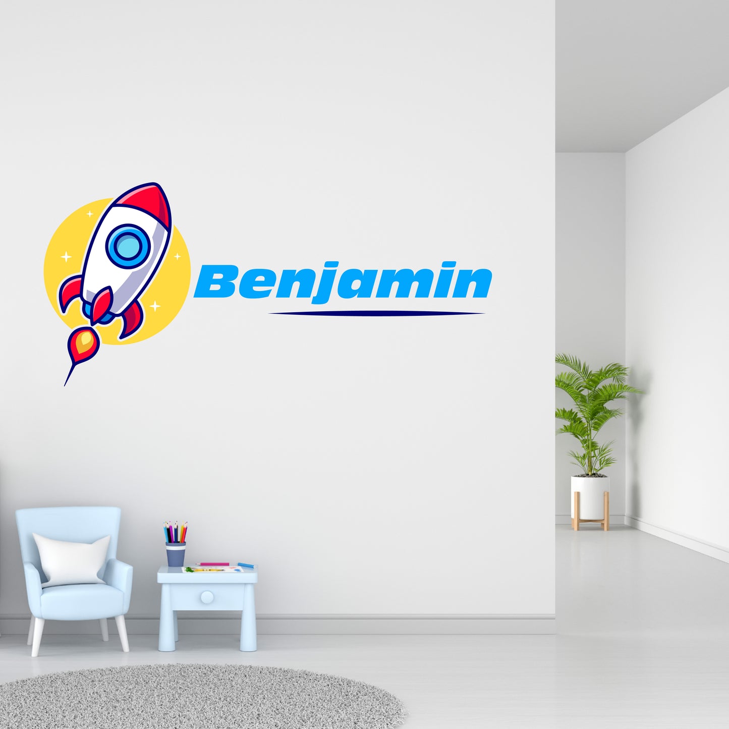 Custom Wall Decals - Custom Name Cartoon Rocket Wall Decal: Playful Space Adventure