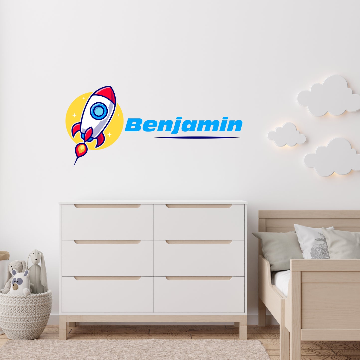 Custom Wall Decals - Custom Name Cartoon Rocket Wall Decal: Playful Space Adventure