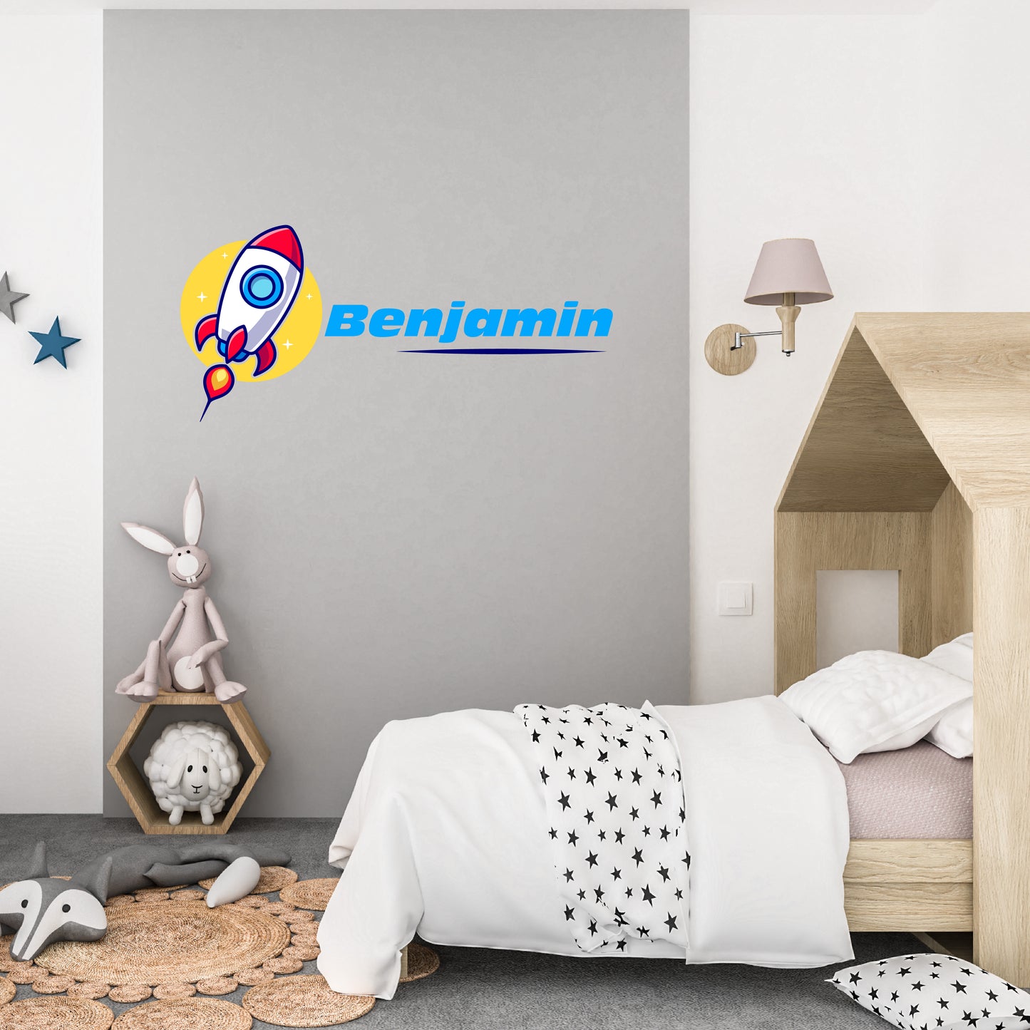 Custom Wall Decals - Custom Name Cartoon Rocket Wall Decal: Playful Space Adventure