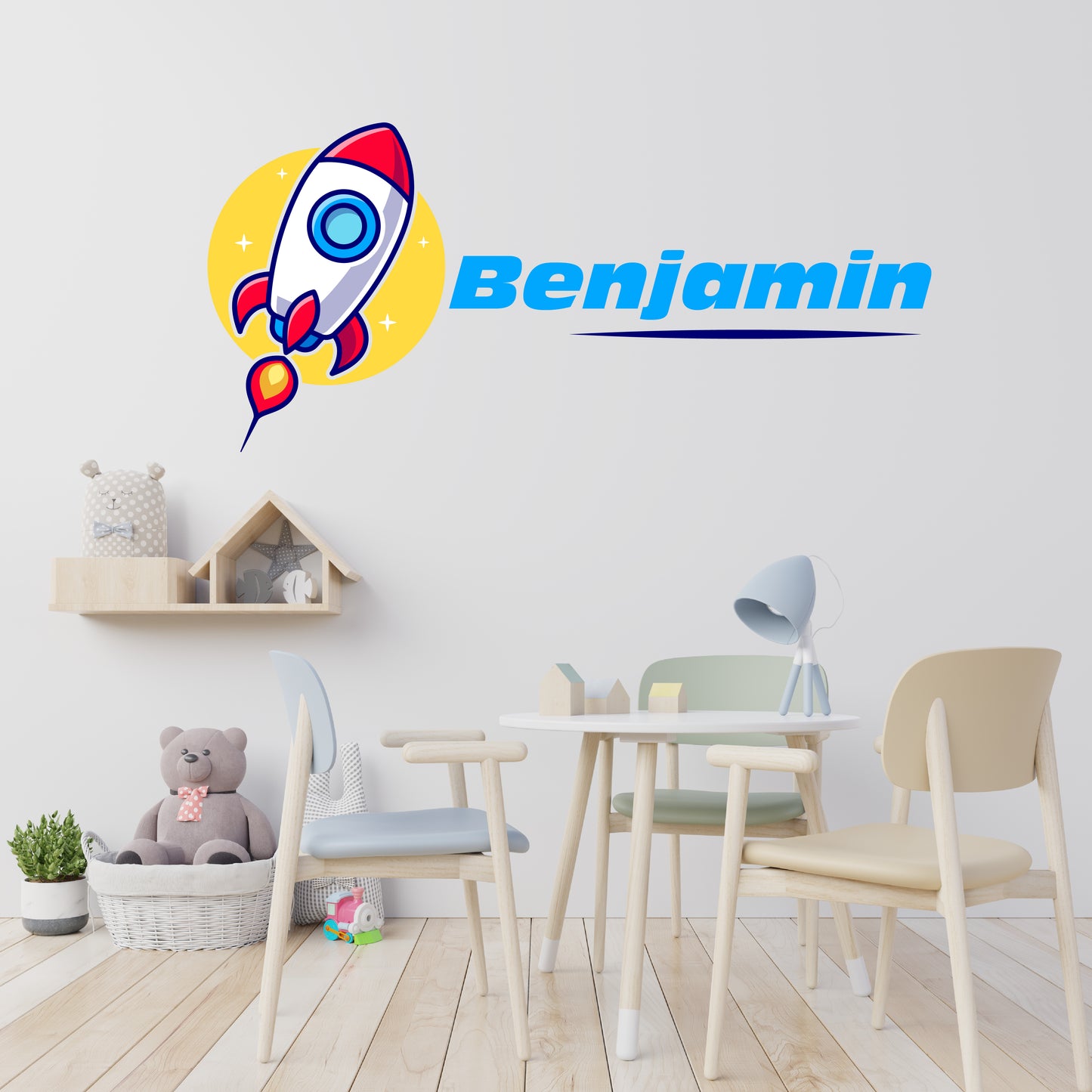 Custom Wall Decals - Custom Name Cartoon Rocket Wall Decal: Playful Space Adventure