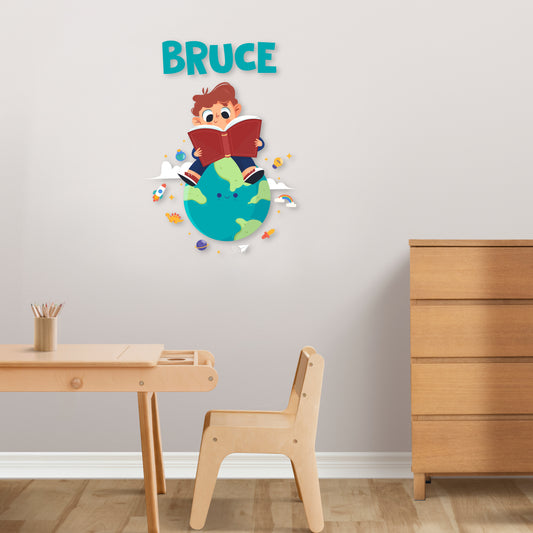 Custom Wall Decals - Custom Name Cosmic Reader Wall Decal: Boy Reading on Earth with Surrounding Objects