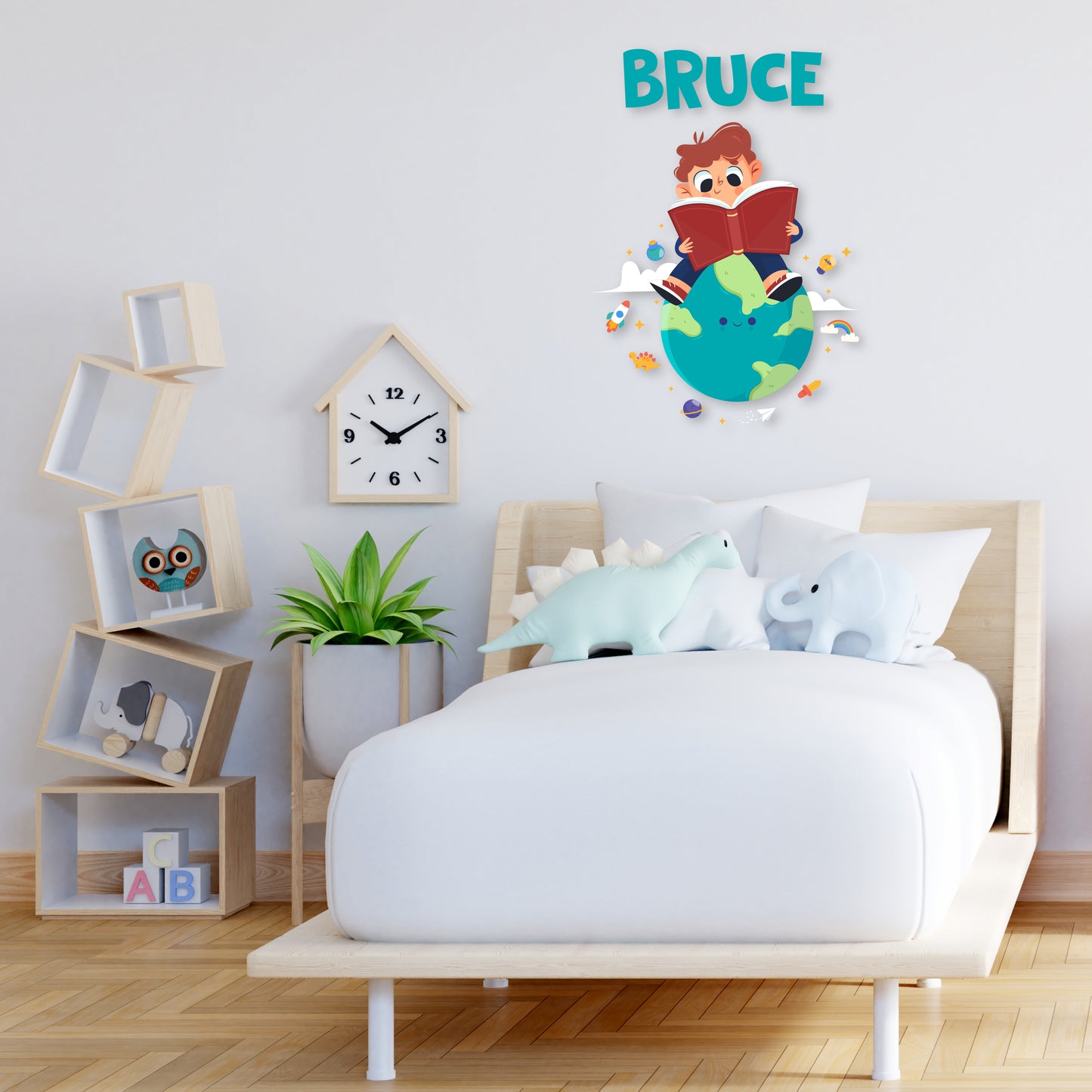 Custom Wall Decals - Custom Name Cosmic Reader Wall Decal: Boy Reading on Earth with Surrounding Objects