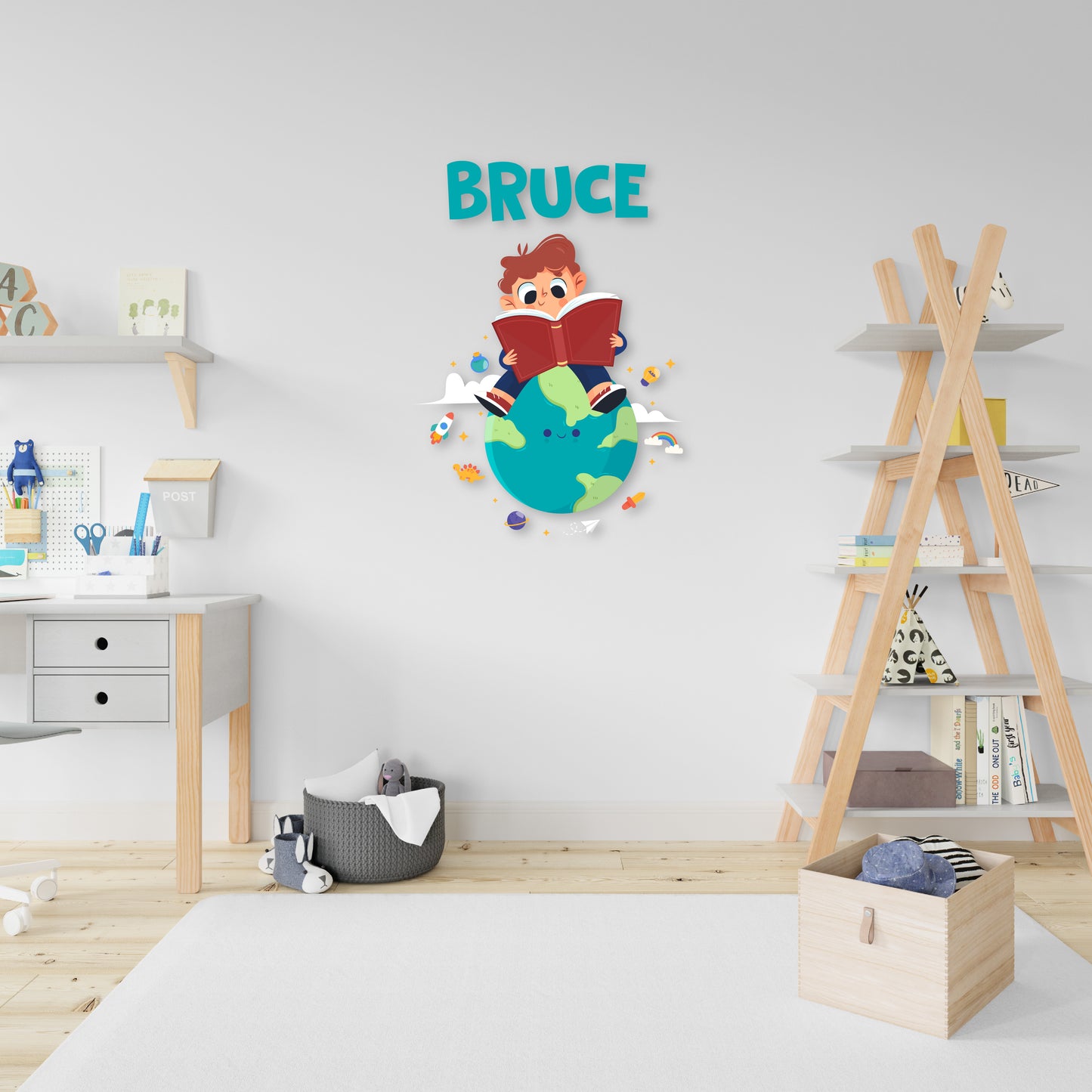 Custom Wall Decals - Custom Name Cosmic Reader Wall Decal: Boy Reading on Earth with Surrounding Objects