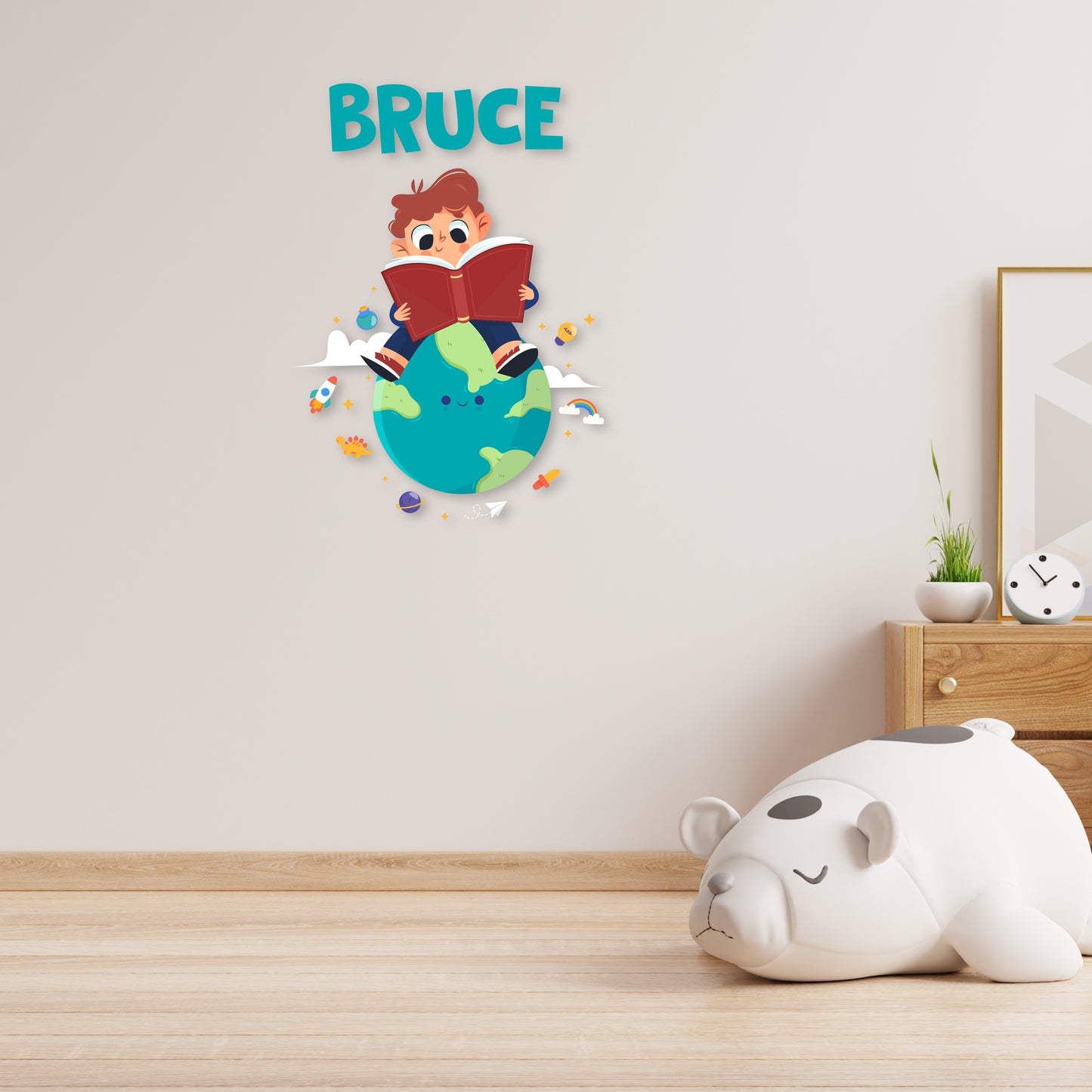 Custom Wall Decals - Custom Name Cosmic Reader Wall Decal: Boy Reading on Earth with Surrounding Objects