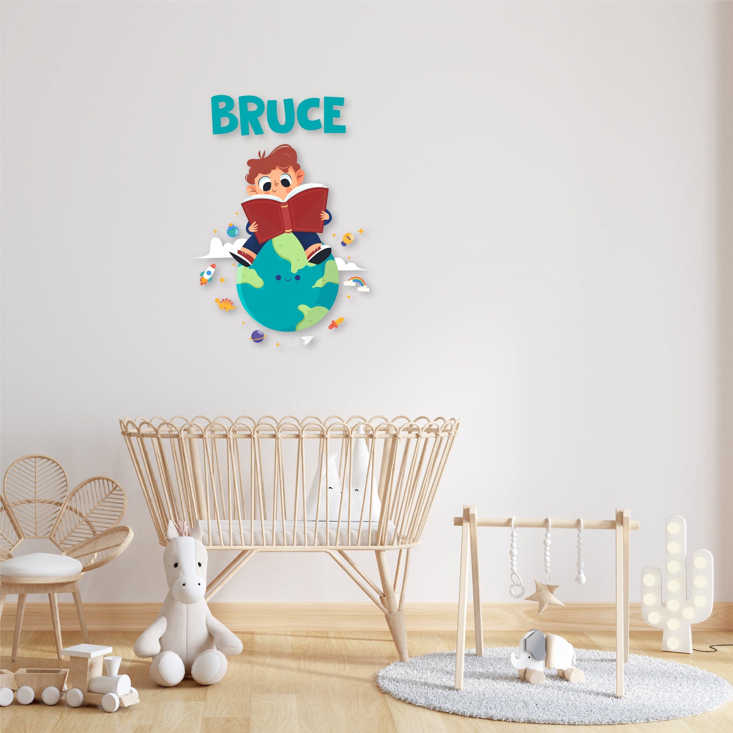 Custom Wall Decals - Custom Name Cosmic Reader Wall Decal: Boy Reading on Earth with Surrounding Objects