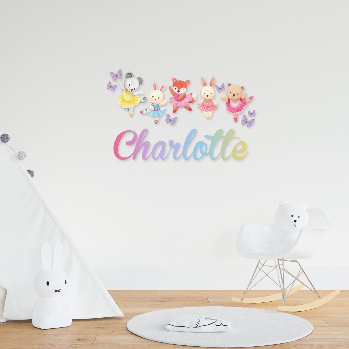 Custom Wall Decals - Custom Name Dancing Plushies Wall Decal: Plush Toys, Dancers, and Butterflies