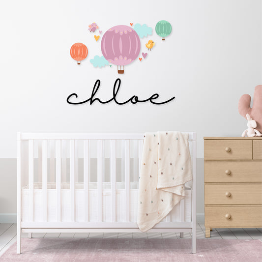 Custom Wall Decals - Custom Name Up in the Sky Wall Decal: Hot Air Balloons, Hearts, and Birds