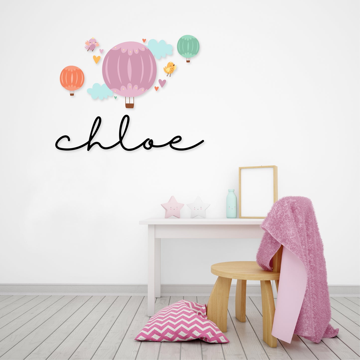 Custom Wall Decals - Custom Name Up in the Sky Wall Decal: Hot Air Balloons, Hearts, and Birds