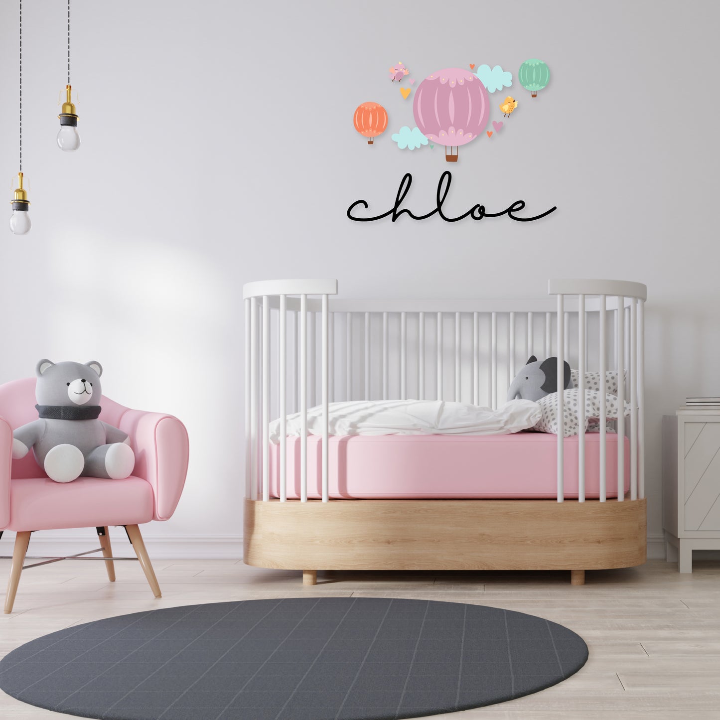 Custom Wall Decals - Custom Name Up in the Sky Wall Decal: Hot Air Balloons, Hearts, and Birds