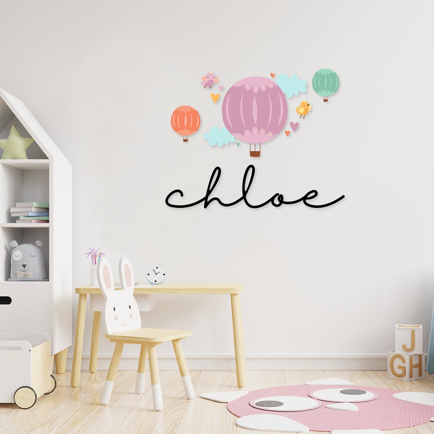 Custom Wall Decals - Custom Name Up in the Sky Wall Decal: Hot Air Balloons, Hearts, and Birds