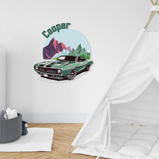 Custom Wall Decals - Custom Name Mountain Adventure Wall Decal: Green Car with Mountains in the Background