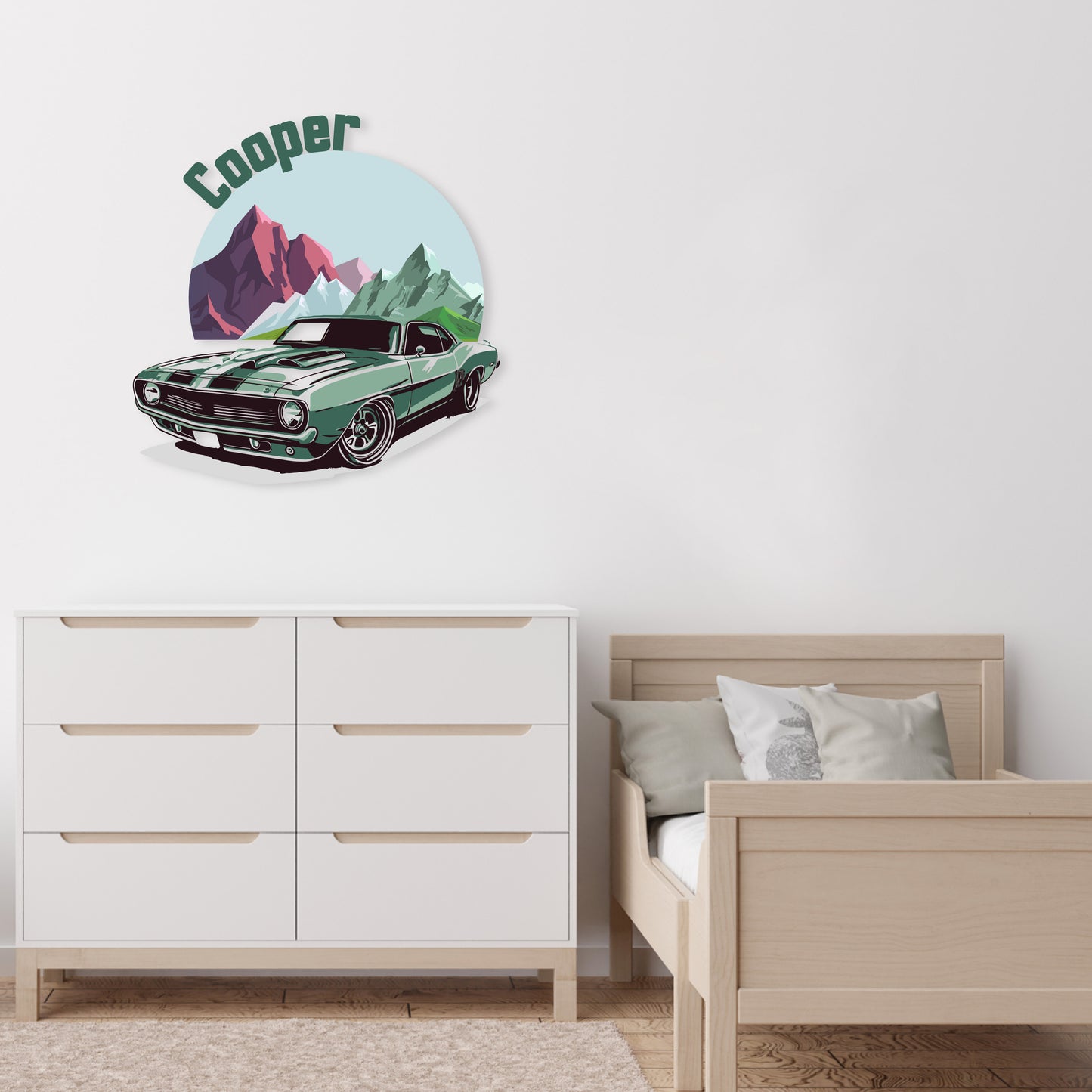 Custom Wall Decals - Custom Name Mountain Adventure Wall Decal: Green Car with Mountains in the Background