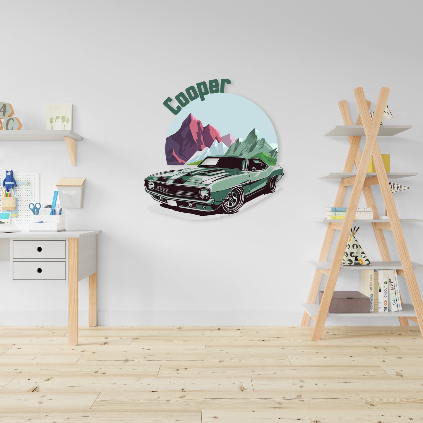 Custom Wall Decals - Custom Name Mountain Adventure Wall Decal: Green Car with Mountains in the Background