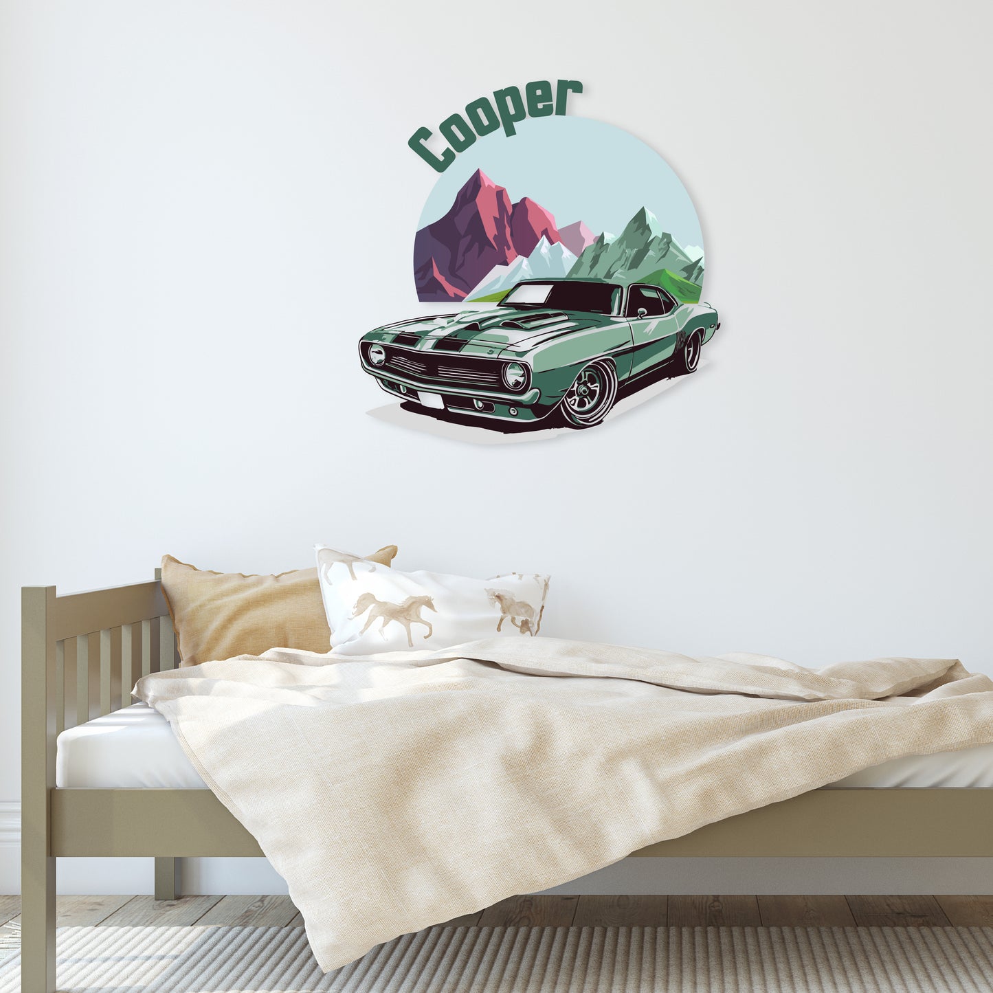 Custom Wall Decals - Custom Name Mountain Adventure Wall Decal: Green Car with Mountains in the Background