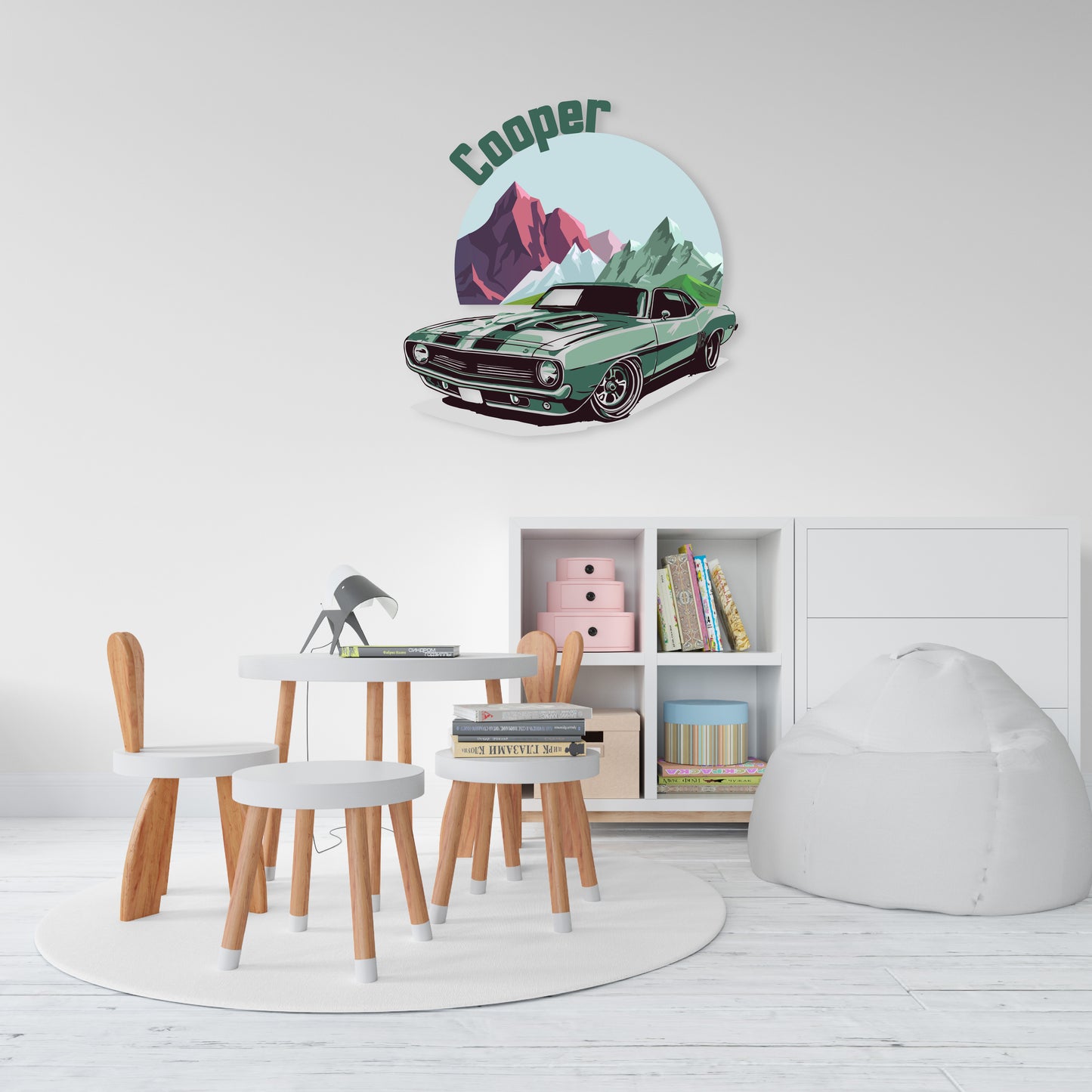 Custom Wall Decals - Custom Name Mountain Adventure Wall Decal: Green Car with Mountains in the Background