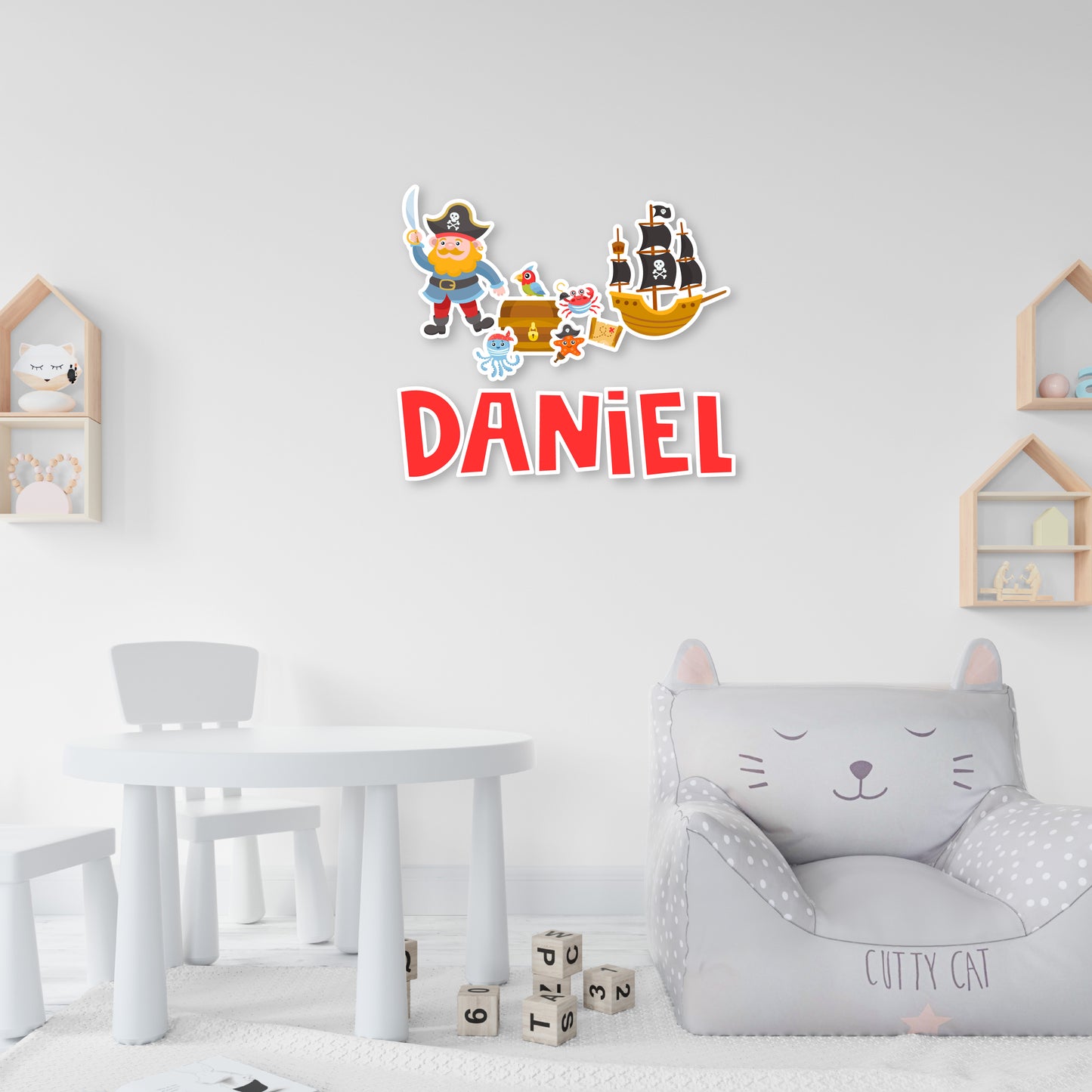 Custom Wall Decals - Custom Name Pirate's Treasure Wall Decal: Pirate, Treasure, Ship, Map, Pirate-Attired Animals (Octopus, Crab, Parrot, Starfish)