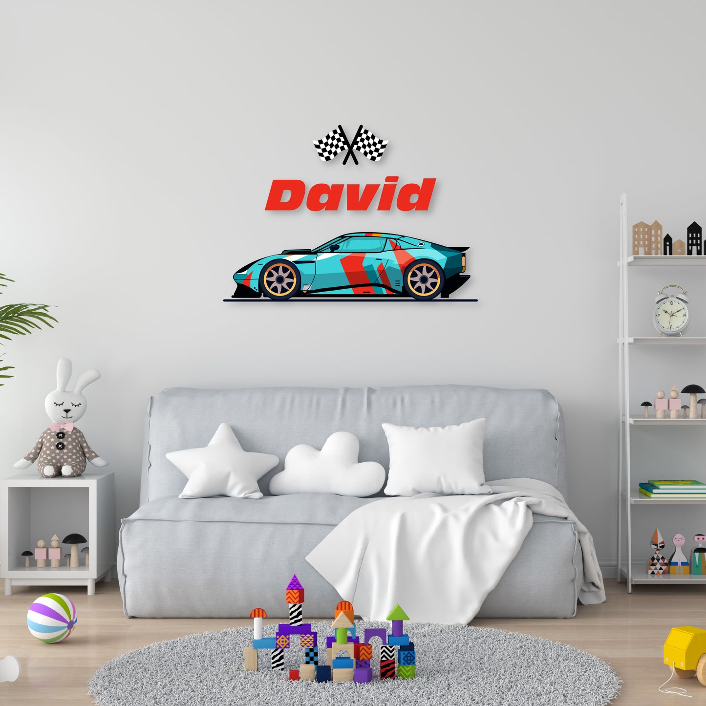 Custom Wall Decals - Custom Name Blue Racing Flags Wall Decal: Blue Car with Racing Flags