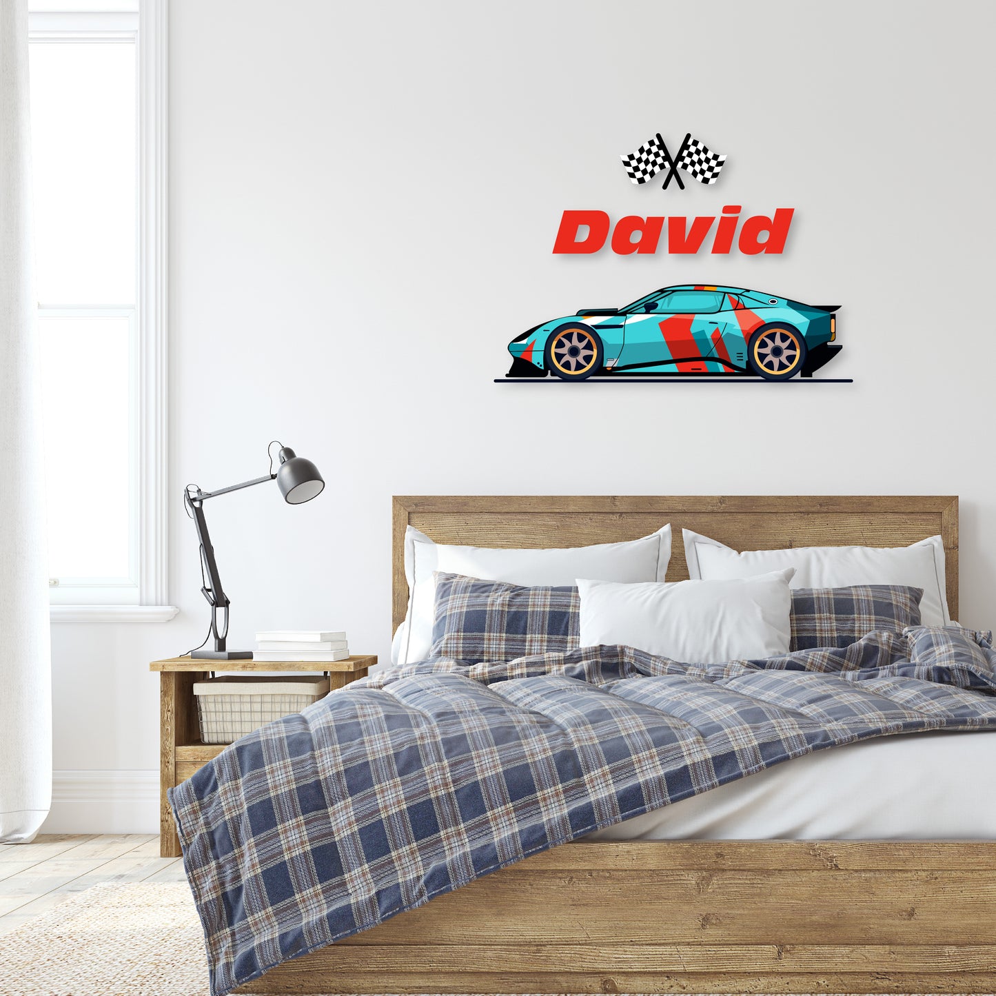 Custom Wall Decals - Custom Name Blue Racing Flags Wall Decal: Blue Car with Racing Flags