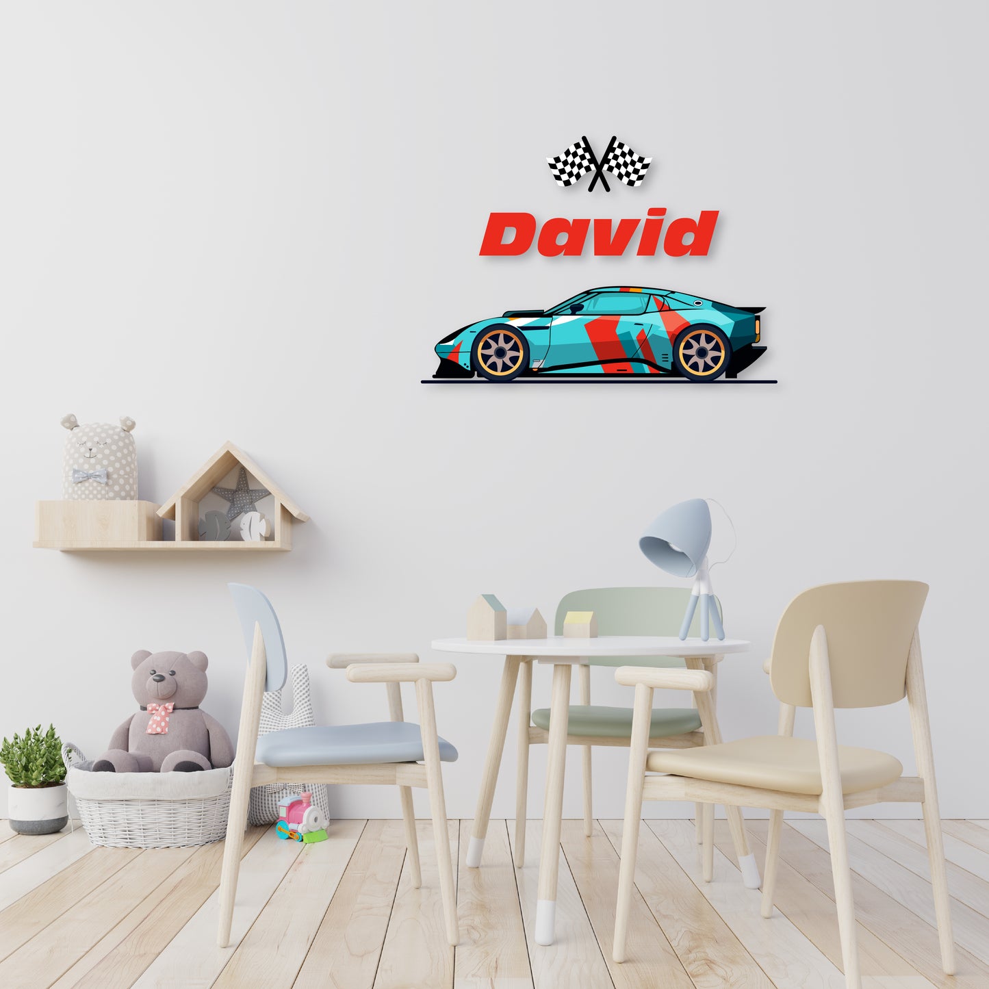 Custom Wall Decals - Custom Name Blue Racing Flags Wall Decal: Blue Car with Racing Flags