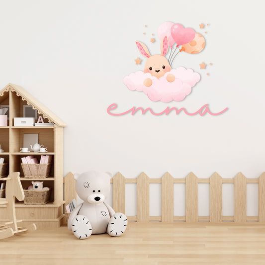 Custom Wall Decals - Custom Name Bunny Wonderland Wall Decal: Rabbit, Clouds, Balloons, and Stars