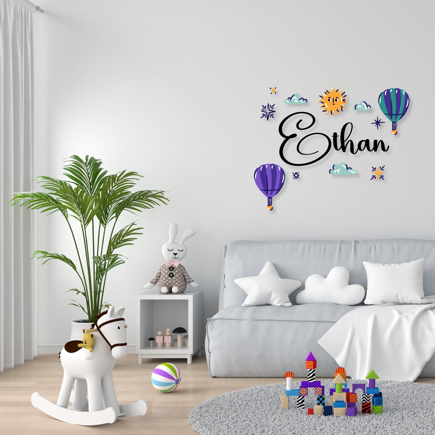 Custom Wall Decals - Custom Name Hot Air Balloon Adventure Wall Decal: Balloons, Clouds, Stars, and Sun