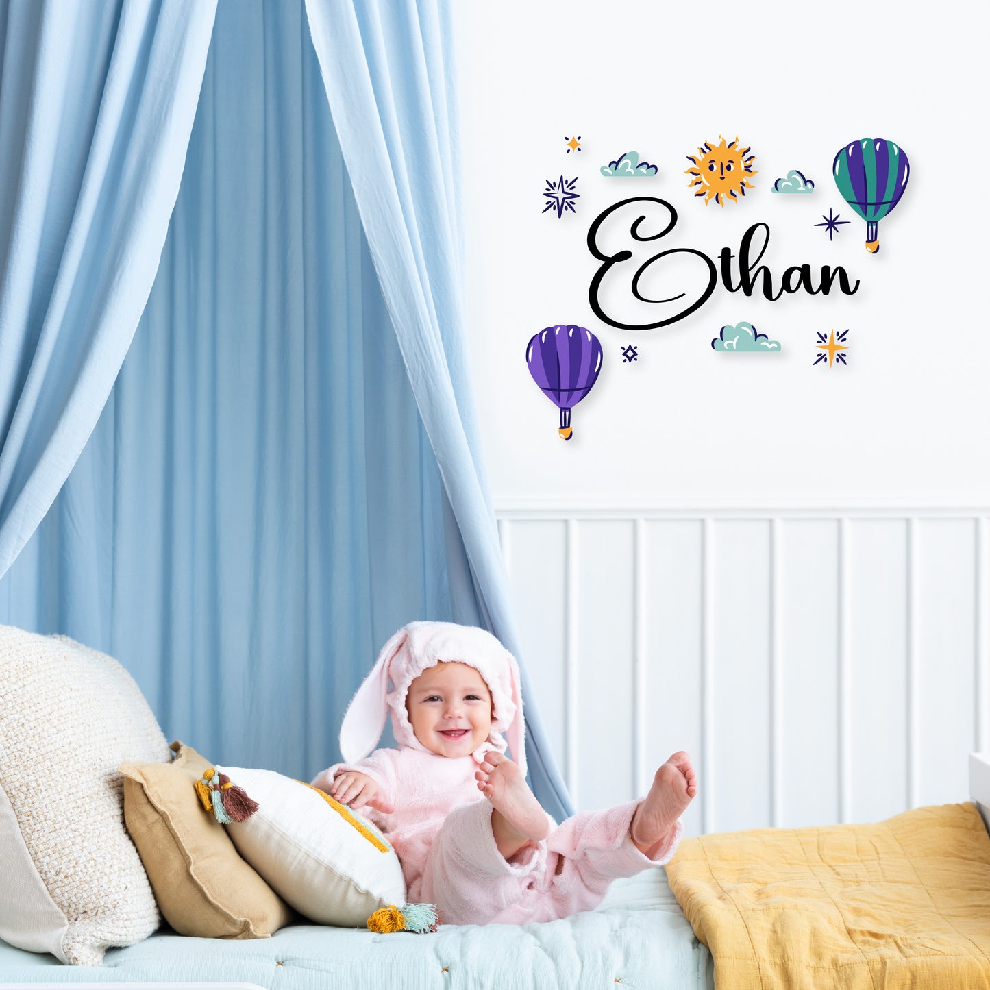 Custom Wall Decals - Custom Name Hot Air Balloon Adventure Wall Decal: Balloons, Clouds, Stars, and Sun