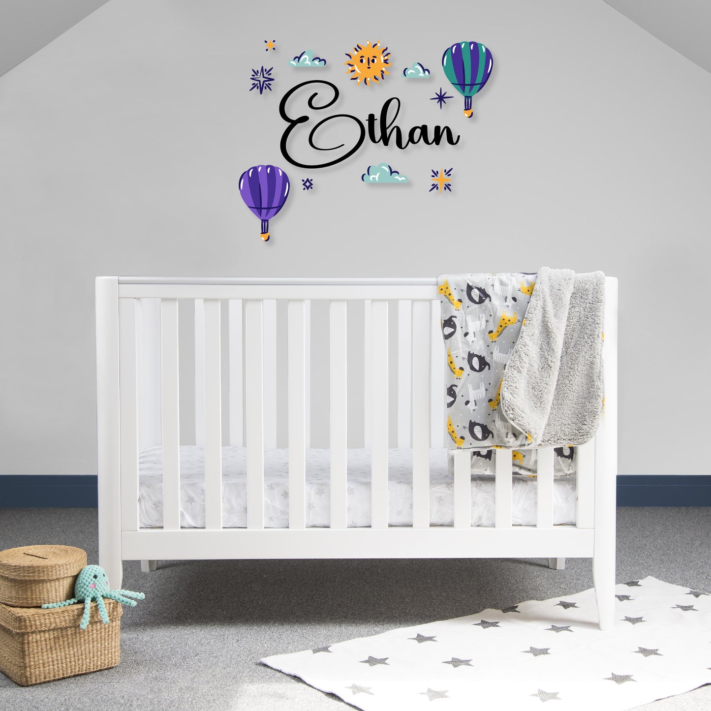 Custom Wall Decals - Custom Name Hot Air Balloon Adventure Wall Decal: Balloons, Clouds, Stars, and Sun