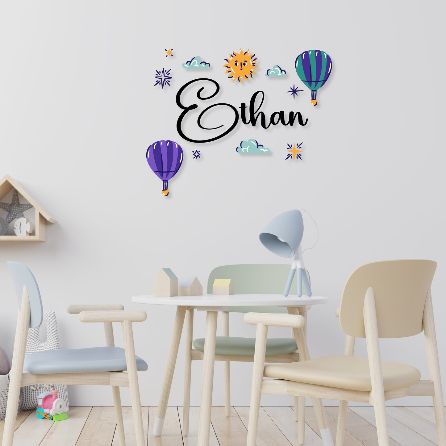 Custom Wall Decals - Custom Name Hot Air Balloon Adventure Wall Decal: Balloons, Clouds, Stars, and Sun