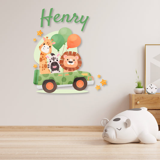 Custom Wall Decals - Custom Name Jungle Safari Wall Decal: Lion, Giraffe, Zebra in a Green Car with Balloons