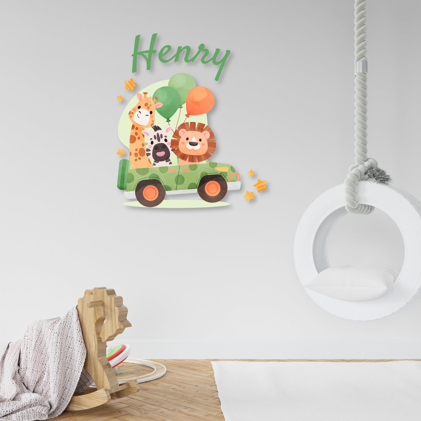 Custom Wall Decals - Custom Name Jungle Safari Wall Decal: Lion, Giraffe, Zebra in a Green Car with Balloons