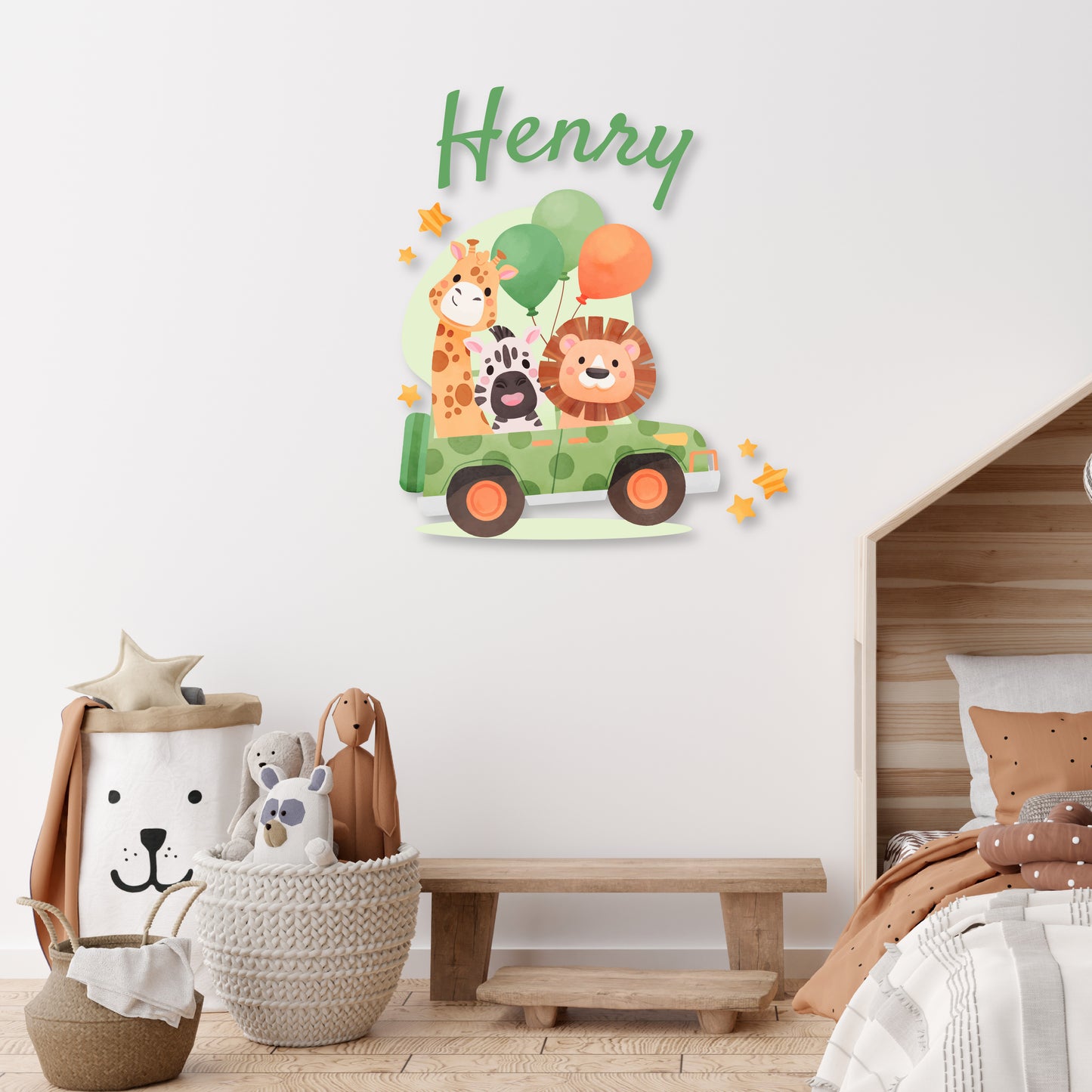 Custom Wall Decals - Custom Name Jungle Safari Wall Decal: Lion, Giraffe, Zebra in a Green Car with Balloons