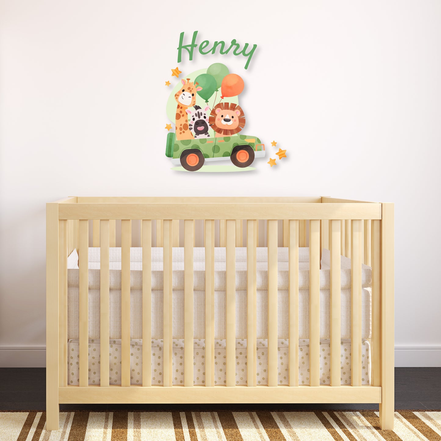 Custom Wall Decals - Custom Name Jungle Safari Wall Decal: Lion, Giraffe, Zebra in a Green Car with Balloons